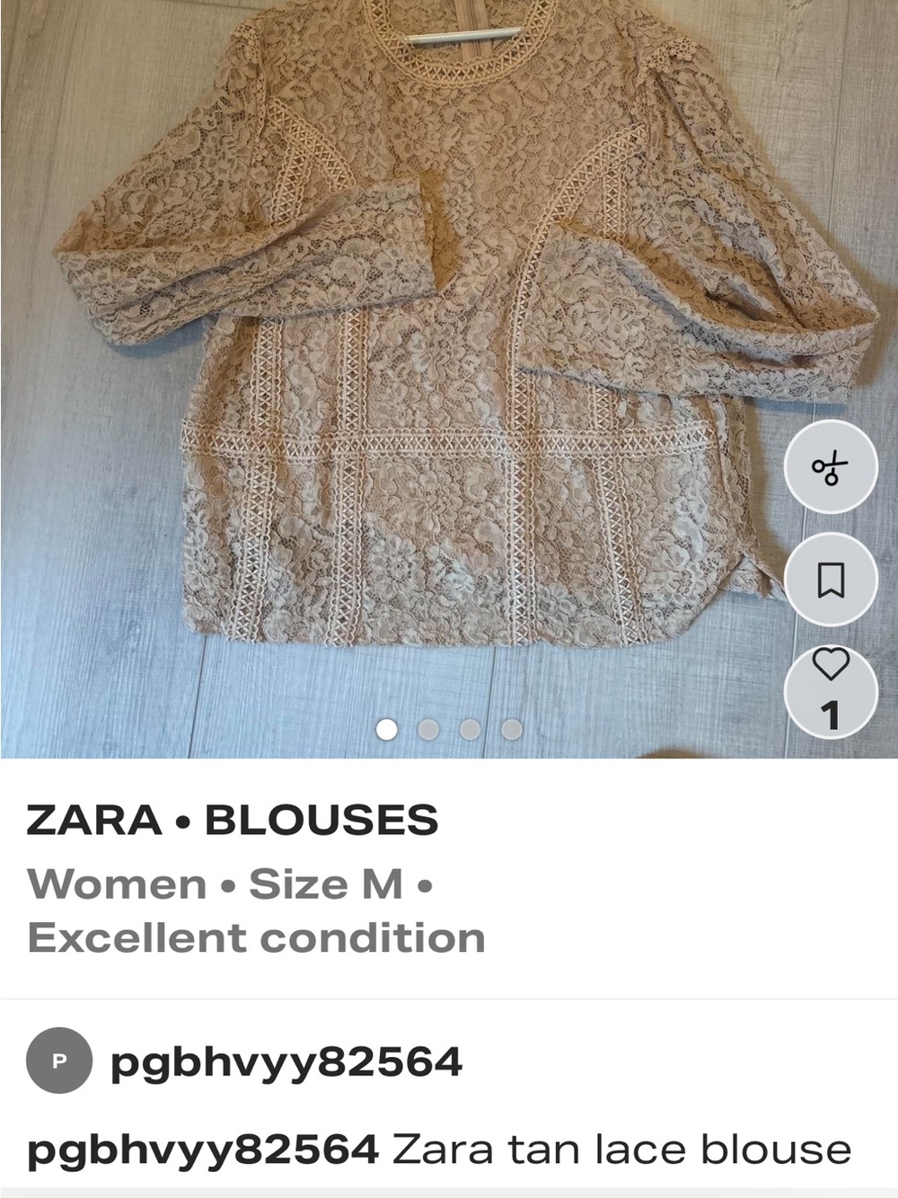 Zara Beige Lace Long-Sleeve Blouse